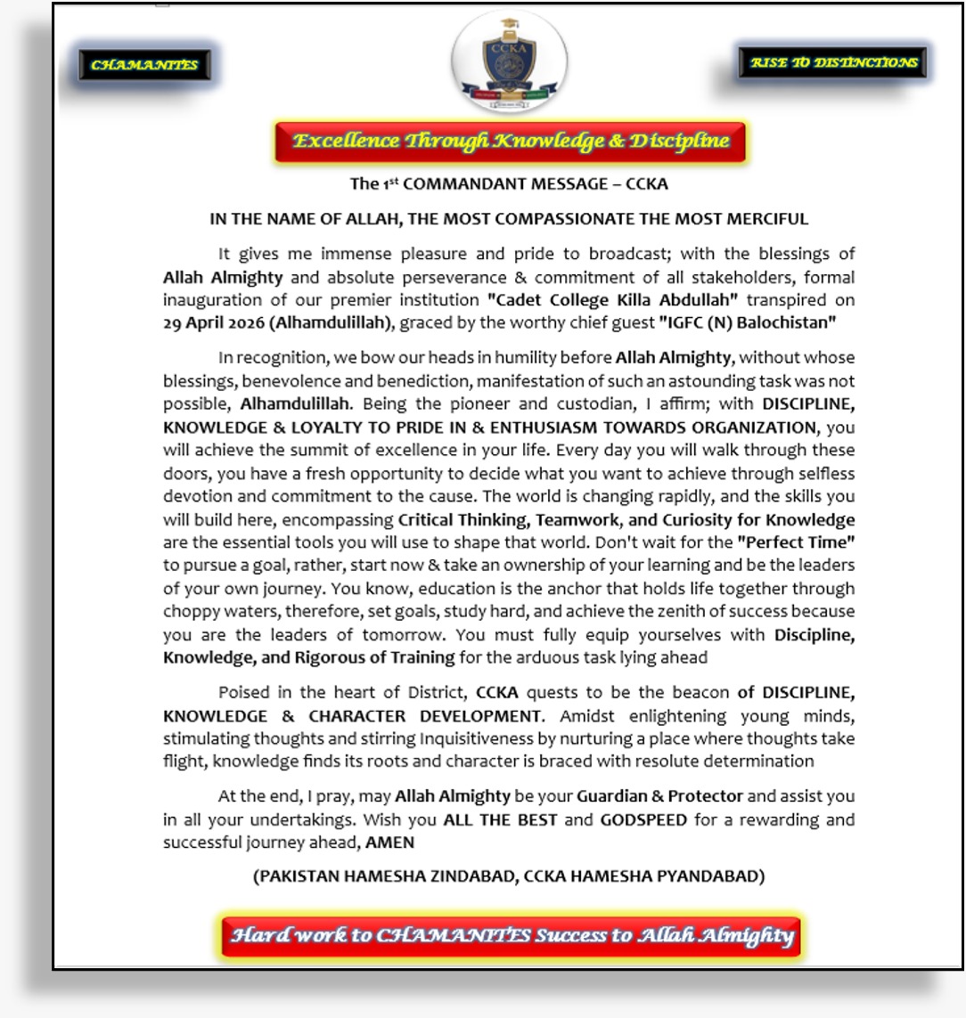 CCKA-1st COMMANDANT MESSAGE
